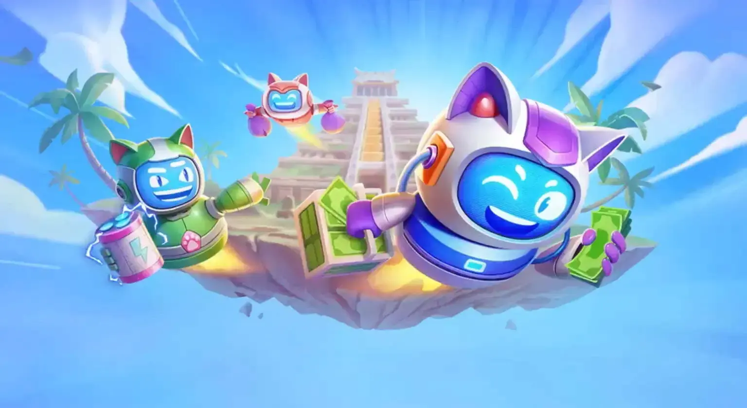 Robo Cat Casino – robotkatten met stapels geld op een zwevend eiland met tempel
