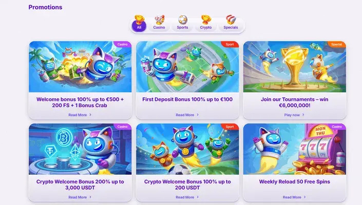Promotiepagina van Robo Cat met welkomstbonus en reloads